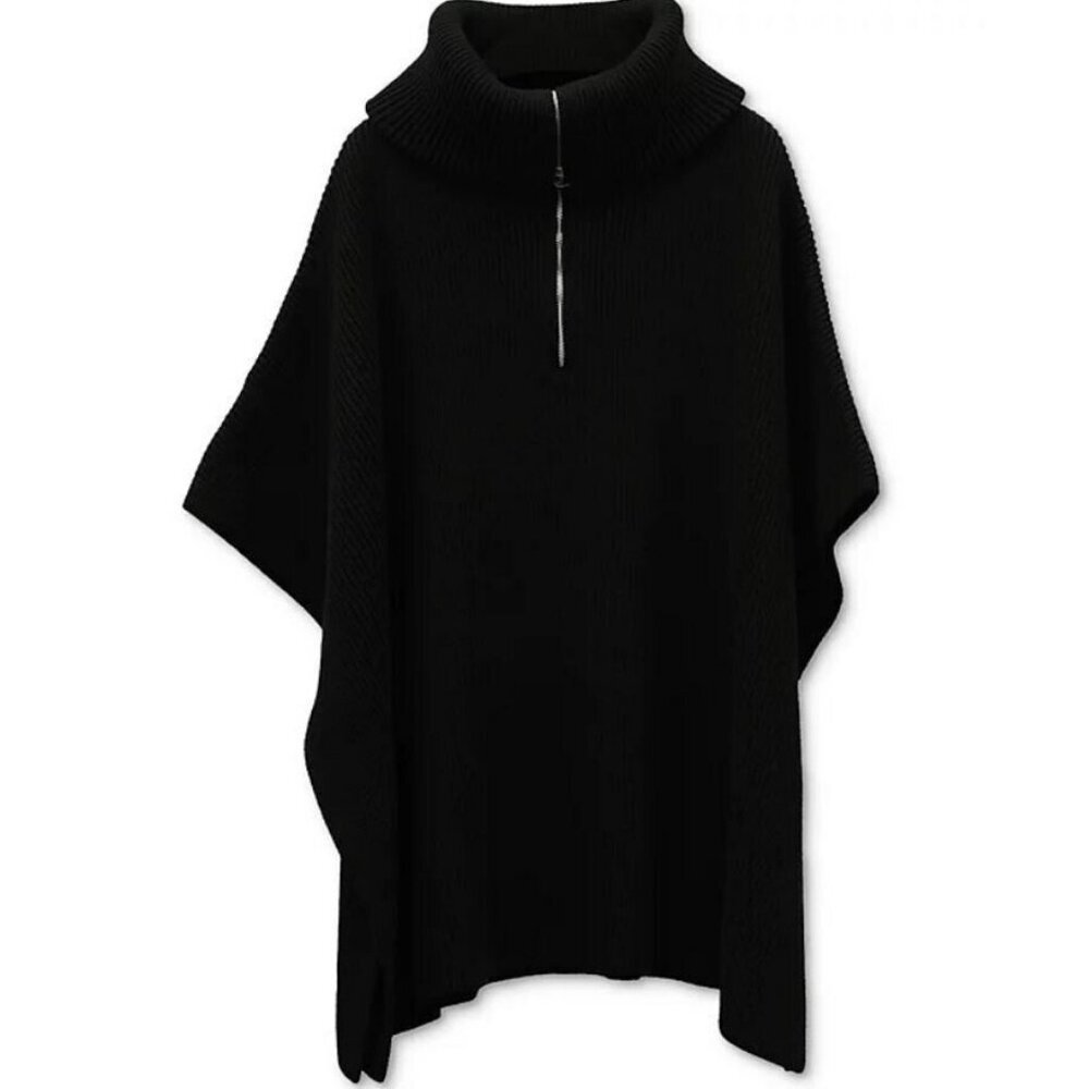 MICHAEL KORS rib knit zip cowl neck heavyweight women's poncho topper -BLACK- OS